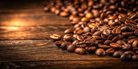 Obraz premium Roasted Coffee Beans on Rustic Wooden Surface A Close-Up Study of Aromatic Coffee Beans
