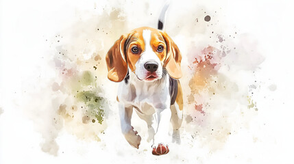 Watercolor Illustration of cute Beagle dog on White Background.
