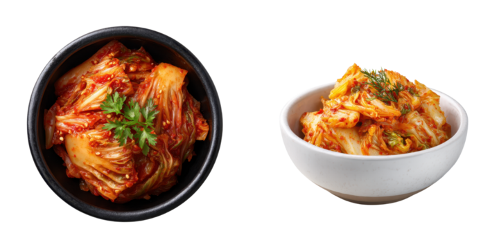 Two bowls of spicy, fermented kimchi garnished with herbs.