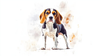 Watercolor Illustration of cute Beagle dog on White Background.