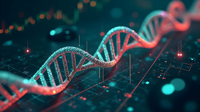 Vertical Market Graph with DNA Helix Structures Forming Support Lines where Bullish Trends Are Represented by Glowing Green Double Helixes - Powered by Adobe
