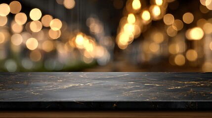 Modern empty dark gold marble table top on blurry bokeh room interior background or restaurant, holiday concept, for montage product display