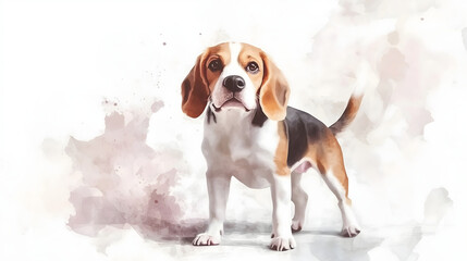 Watercolor Illustration of cute Beagle dog on White Background.