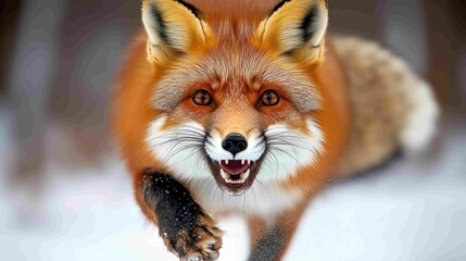 Fototapeta premium Energetic Red Fox Running Through Snowy Forest Landscape