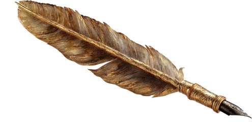 A golden quill pen with intricate detailing along the feather and handle.