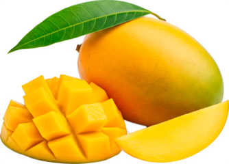 Juicy Alphonso Mango Still Life: Whole Fruit, Slice, and Diced Portion with Vibrant Yellow and Green Tones on a Clean Background