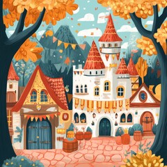 A quaint fairytale village with a grand castle, surrounded by trees and mountains.