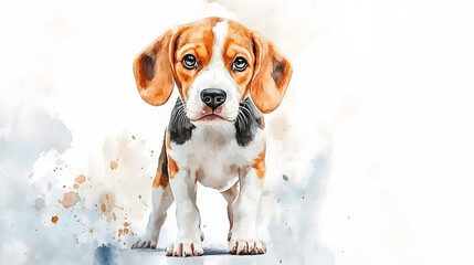 Watercolor Illustration of cute Beagle dog on White Background.