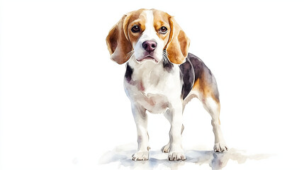 Watercolor Illustration of cute Beagle dog on White Background.
