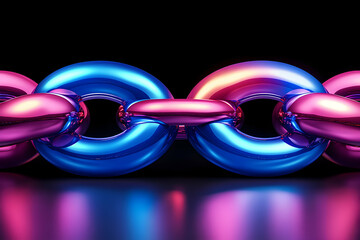 Abstract close-up of a vibrant pink and blue metallic chain, reflecting light. Ideal for concepts of connection, teamwork, and technology.