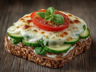 Open-faced sandwich with melted cheese, tomato, cucumber, greens, and seeds on whole-grain bread, served on a rustic wooden surface.
