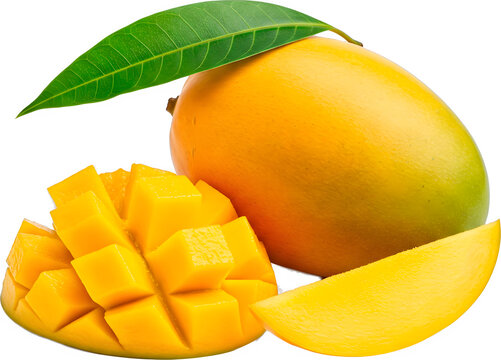 Juicy Alphonso Mango Still Life: Whole Fruit, Slice, and Diced Portion with Vibrant Yellow and Green Tones on a Clean Background