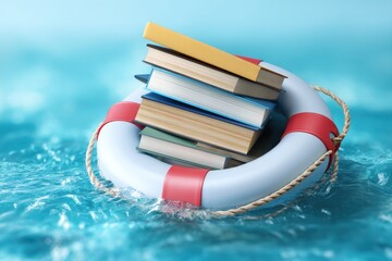 A stack of books rests on a lifebuoy floating in clear blue water, symbolizing knowledge as a means of rescue or survival.