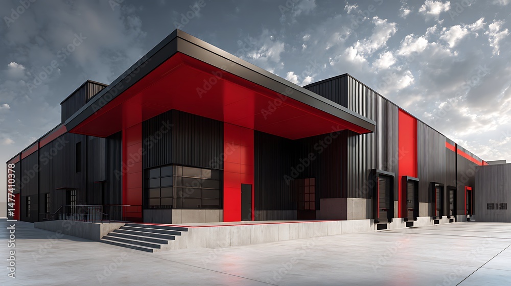 Poster modern black and red warehouse building with loading dock doors