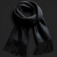 Stylish black scarf with fringe details, perfect for winter fashion and warmth.