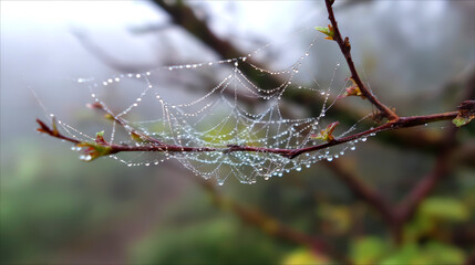 Cobweb in drops of dew on a branch