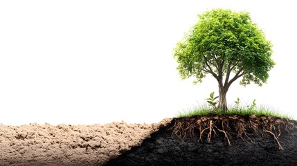 Photograph of a single tree with one side lush and verdant the other side burned and lifeless symbolizing the devastating effects of deforestation and environmental degradation on nature