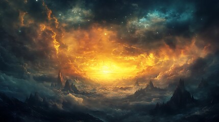 Dramatic celestial landscape with luminous sky and ethereal atmosphere.