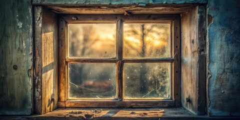 Rustic wooden window frame with a dusty pane, showcasing a sunlit, blurred outdoor scene through aged glass, revealing the passage of time and the beauty of weathered materials.
