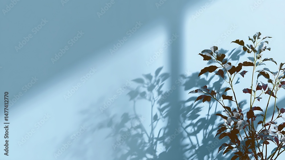 Poster minimalistic simple background with blurred foliage shadow on light blue wall, beautiful background 