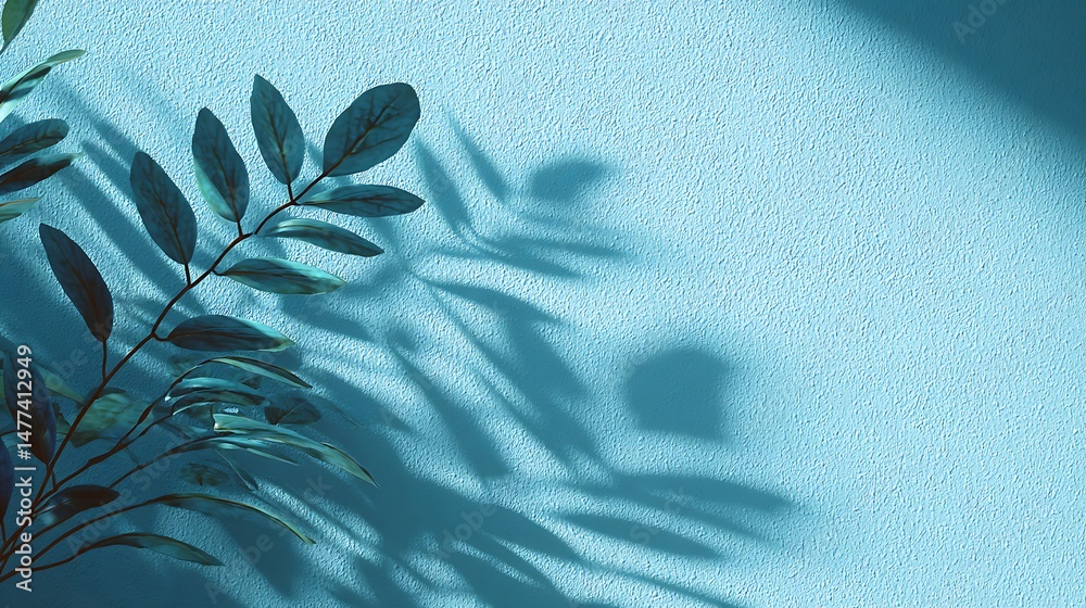Aufkleber minimalistic simple background with blurred foliage shadow on light blue wall, beautiful background 