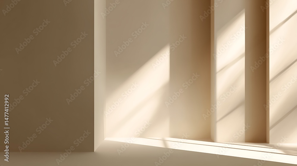 Poster Minimalistic abstract light beige background with shadow and light from windows, product presentation concept