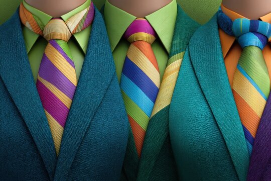 Vibrant textured suits with colorful neckties showcase unique fashion statements reflecting contemporary style trends and the art of personal branding in a captivating visual expression