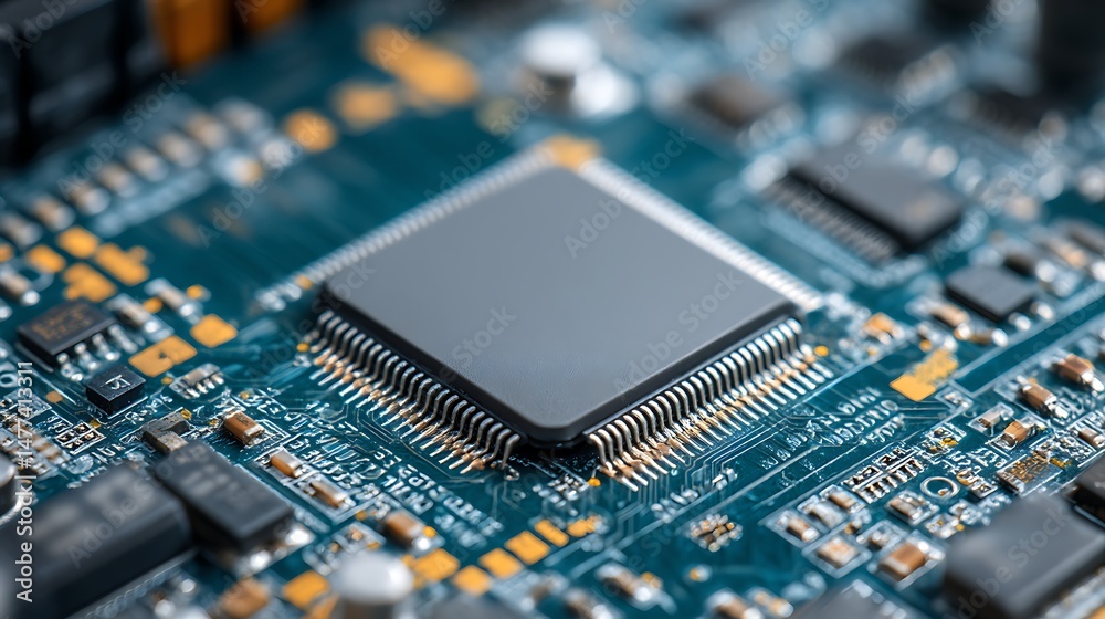 Poster Microchip on computer motherboard as technology background