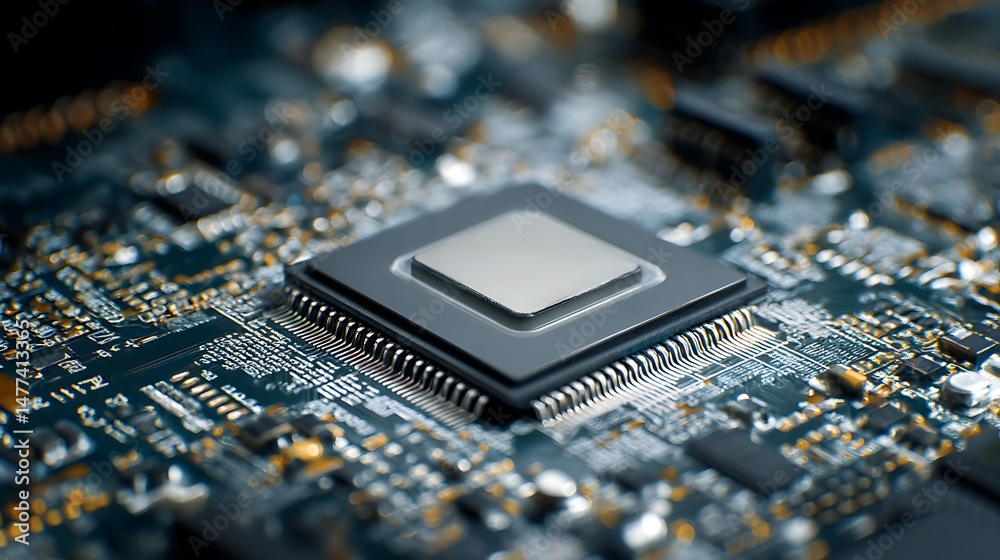 Poster microchip on computer motherboard as technology background