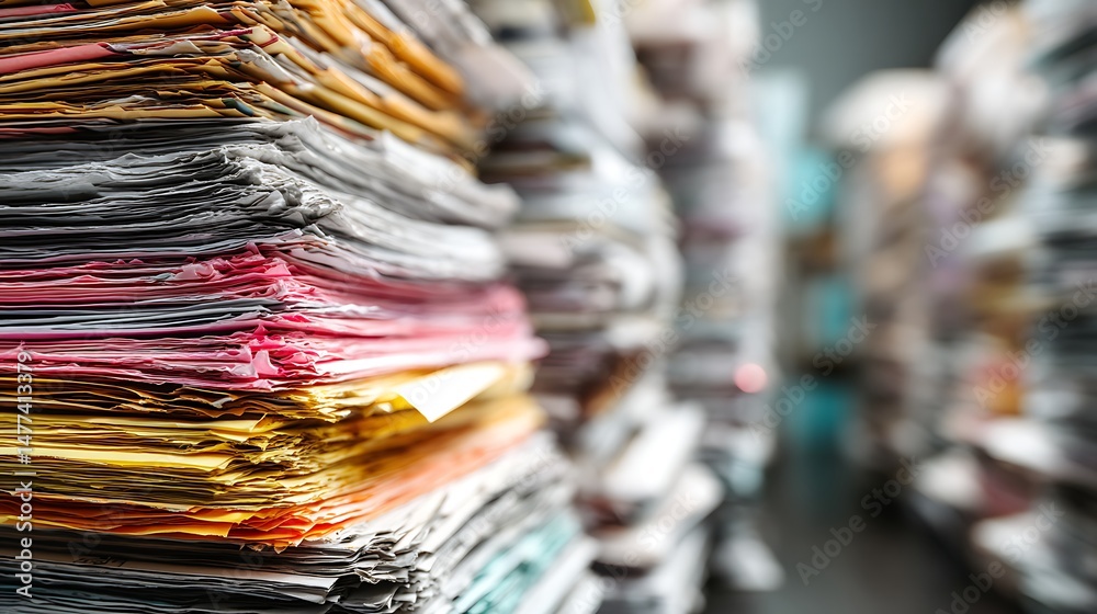 Poster messy stacked paper sheets, office concept
