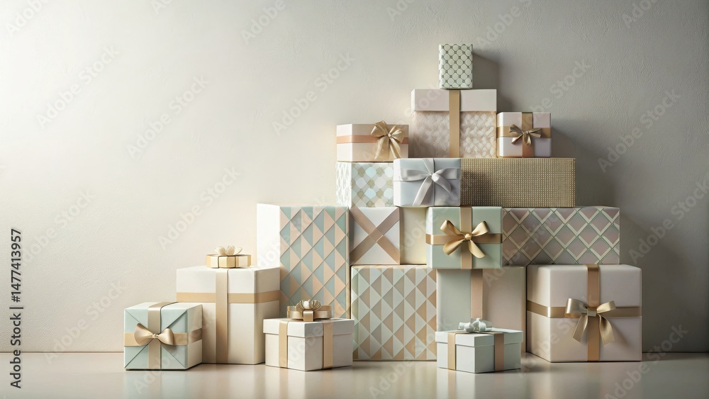 Aufkleber a plethora of elegantly wrapped presents in pastel hues and gold accents arranged in a visually appe