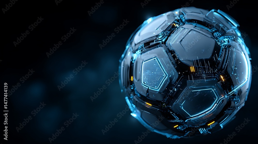 Aufkleber mechanical futuristic soccer ball or football in glossy material with neon glowing stadium details b