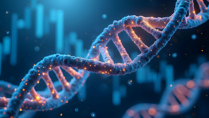Luminous DNA Helix Transforming into 3D Market Chart Showing Biotechnology Sector Trends with Base Pairs Becoming Stock Performance Data Points