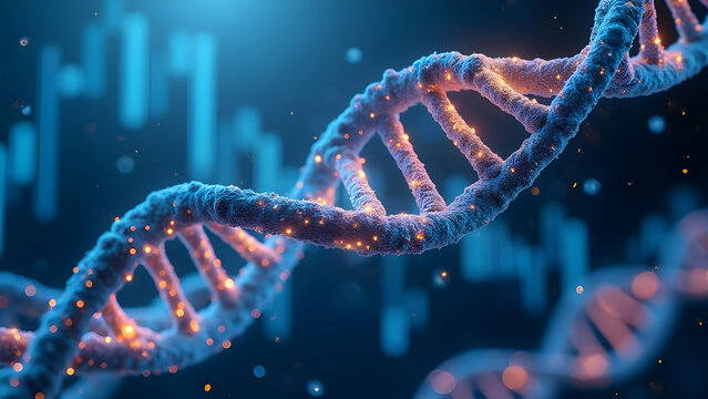 Luminous DNA Helix Transforming into 3D Market Chart Showing Biotechnology Sector Trends with Base Pairs Becoming Stock Performance Data Points