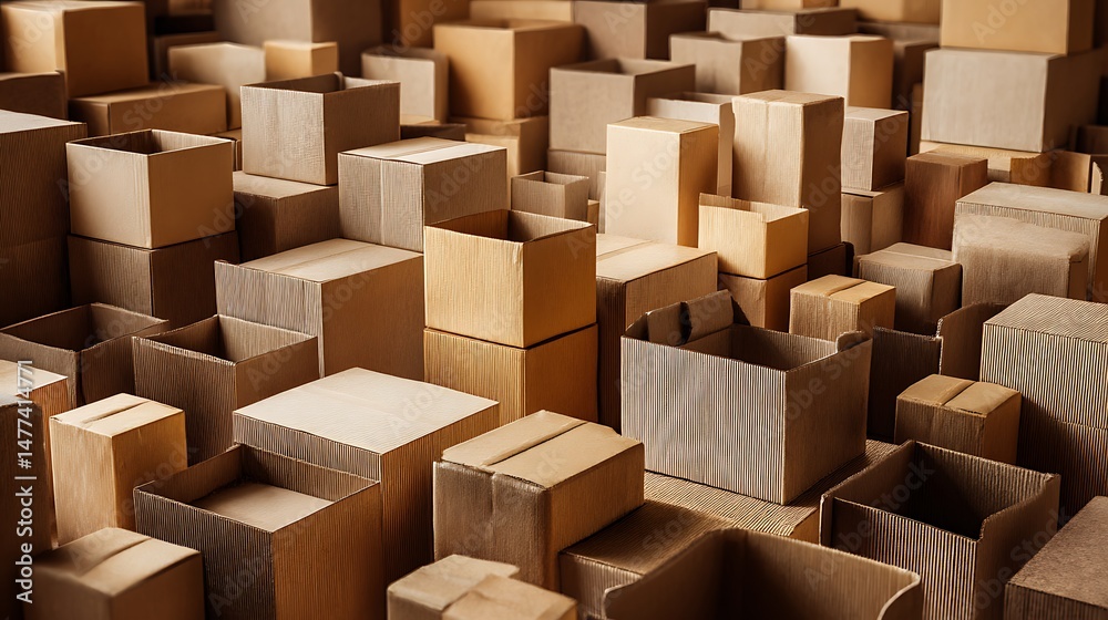 Poster many brown cardboard boxes with space for writing on them