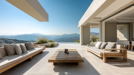 Luxury villa terrace with minimalist contemporary decoration, neutral tones and minimal furniture, premium residential real estate composition