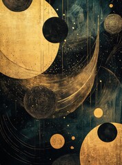 Abstract Cosmic Artwork Gold and Black Celestial Bodies on Dark Background