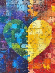 Colorful Jigsaw Puzzle Forming Heart Shape Close Up Abstract Art Style Symbolizing Love and Connection