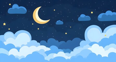 A Serene Night Sky Crescent Moon, Sparkling Stars, and Fluffy Clouds Drifting Gently Across the Celestial Canvas