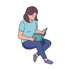 静かに読書する女性、優しい色合いのイラスト