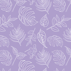 Fototapeta premium Tropical Monstera Seamless Leaf Pattern. Vector floral background in a trendy minimalistic linear style in pastel colors for printing packaging, fabric, t-shirts, covers, posters