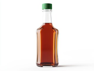 Clear glass bottle, amber liquid, green cap