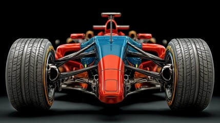 A vibrant racing car with a striking blue and red design, showcasing its powerful stance
