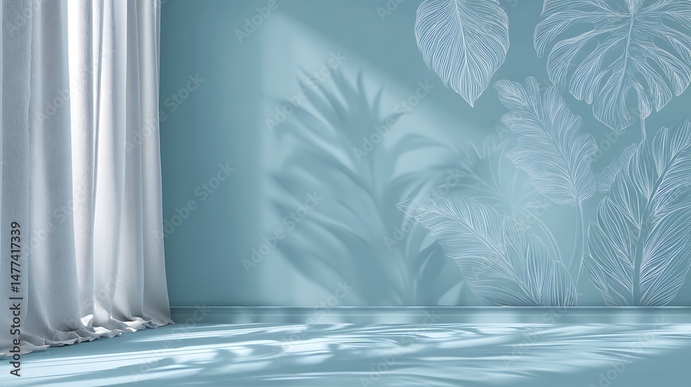 Poster light blue background with shadows of tropical leaves and curtains on a plaster wall for product pre