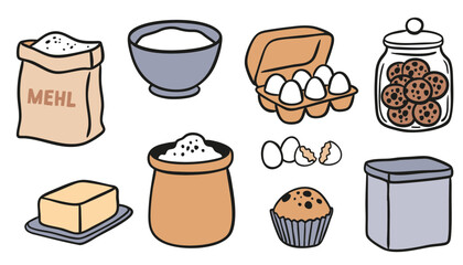Backzutaten und Gebäck Vektorillustration