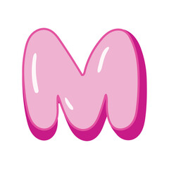 Glossy pink letter M in cartoon bubble style. Cute and playful 3D alphabet design . Isolated on white background