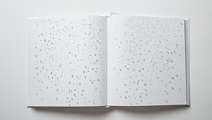 Open book displaying a graphic design of raindrops.  The pages are white with many small,  grey circles, appearing as a multitude of falling water droplets, covering the entire surface\