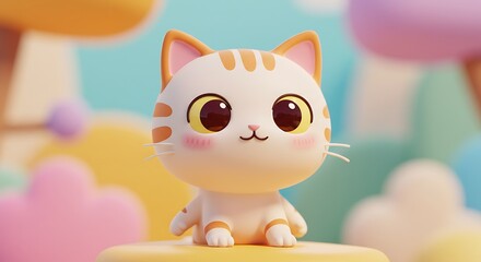 Fototapeta premium Adorable Cartoon Kitten, 3D Render, Pastel Background