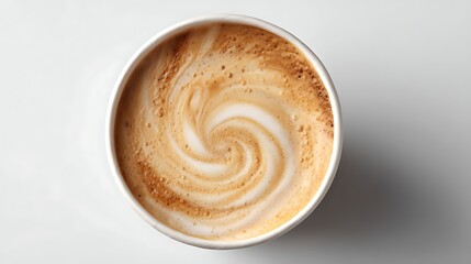Latte coffee in a paper cup viewed from above white background