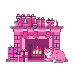 Fototapeta premium 暖炉の優しいピンク色 猫とクリスマスの贈り物